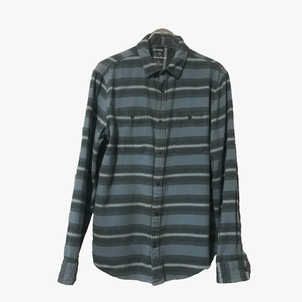 Urban Pipeline Striped Blue Navy Button up Flannel Shirt Tagless Men's Large Y2K